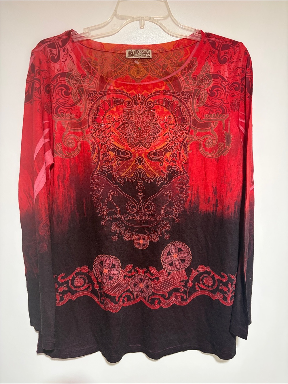 NWOT- Red Ombre Long Sleeve Tee with Decorative Print